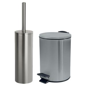 Badkamer/toilet accessoires set - WC-borstel en pedaalemmer 3L - metaal - zilver