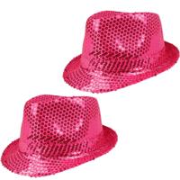 Boland Carnaval verkleed trilby hoedje - 2x - pailletten - Roze - volwassenen - Glitter and Glamour