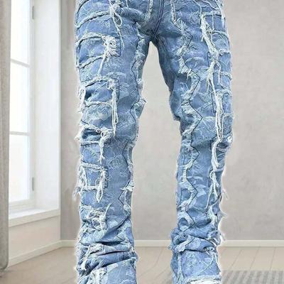 Men's Blue Frayed Denim Jeans - Slim Fit Straight Leg Streetwear Blue / 30