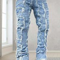 Men's Blue Frayed Denim Jeans - Slim Fit Straight Leg Streetwear Blue / 30
