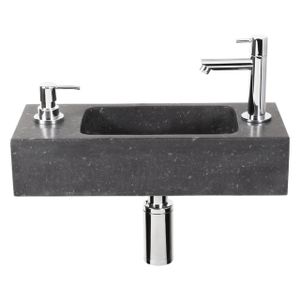 Differnz Sapon fonteinset - 42x18.5x9cm - Rechthoek - 1 kraangat - Met sifon fontein en afvoerplug - Natuursteen Zwart 38.035.01