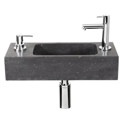 Differnz Sapon fonteinset - 42x18.5x9cm - Rechthoek - 1 kraangat - Met sifon fontein en afvoerplug - Natuursteen Zwart 38.035.01