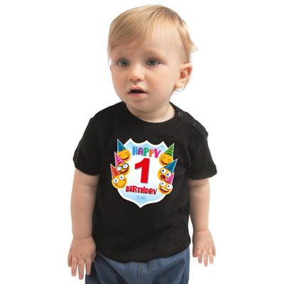 Happy birthday 1e verjaardag t-shirt - 1 jaar - met emoticons - zwart - voor peuters