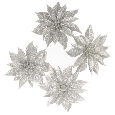 Kerstboomversiering Bloemen - 4x stuks - 9 cm - zilver glitter - op clip