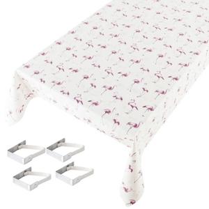 Witte tafelkleden/tafelzeilen flamingo print 140 x 170 cm rechthoekig met 4x tafelkleedklemmen - Tafelzeilen
