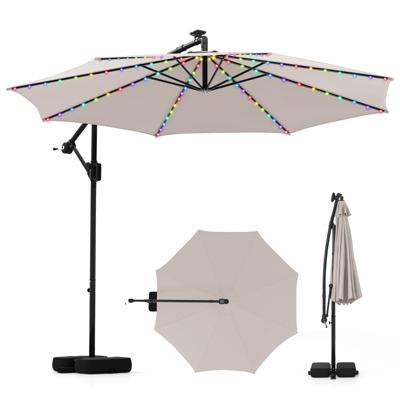 300 cm Parasol met LED-verlichting 9 modi Zweefparasol met Zandzakken & Slinger Verstelbare Hellingshoek Beige