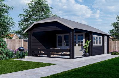 Blokhut W 440X340 cm + overkapping 300 cm + aanbouw 150 cm - gecoat- Wolfskap- Hout- Interflex