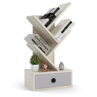 5-Vaks Boekenkast in Boomvorm Vrijstaande Boekenkast met Lade Mini-Opbergplanken Opbergrek voor CD's Tijdschriften en Boeken Beige