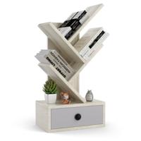 5-Vaks Boekenkast in Boomvorm Vrijstaande Boekenkast met Lade Mini-Opbergplanken Opbergrek voor CD's Tijdschriften en Boeken Beige
