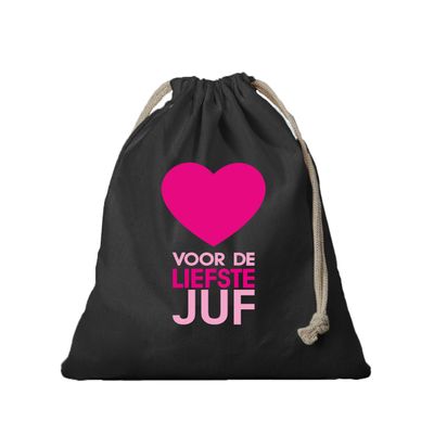 1x Canvas cadeautasje/ bedankt juf tasje Liefste Juf zwart met koord 25 x 30 cm