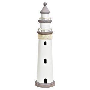 Vuurtoren beeldje - Hout - 12 x 48 cm - wit/grijs - Maritieme decoraties binnen