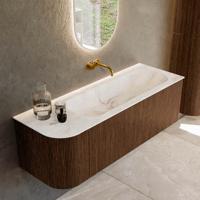 Badmeubel Mondiaz Kurve-Dlux | 135 cm | Meubelkleur Walnut | Wastafelkleur Frappe | Solid surface | Rechts spoelbak | Zonder kraangat(en)