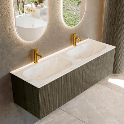 Badmeubel Mondiaz Kurve-Dlux | 140 cm cm | Meubelkleur Shadow | Wastafelkleur Ostra | Solid surface | Wasbak beiden zijden spoelbak | 2 kraangaten