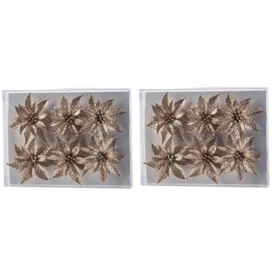 Bloemen op clip - 18x st - champagne - glitter - 8 cm - kerstversiering Bloemen op clip - 18x st - champagne - glitter - 8 cm - kerstversiering