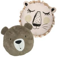 Dieren sierkussens kinderkamer - bruine beer en leeuw - 30/38 cm - polyester