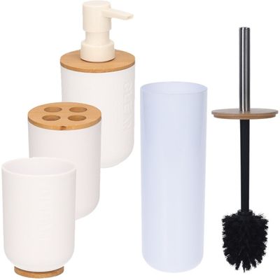 Witte badkamer/toilet set 4-delig met bamboe