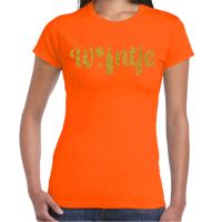 Koningsdag verkleed t-shirt dames - wijntje - met fles en glas - glitter goud - oranje Koningsdag verkleed t-shirt dames - wijntje - met fles en glas - glitter goud - oranje