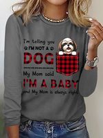 Women's Funny Word I'm A Baby Best Dog Mom Plaid Simple Cotton-Blend Animal Crew Neck Long Sleeve Top - thumbnail