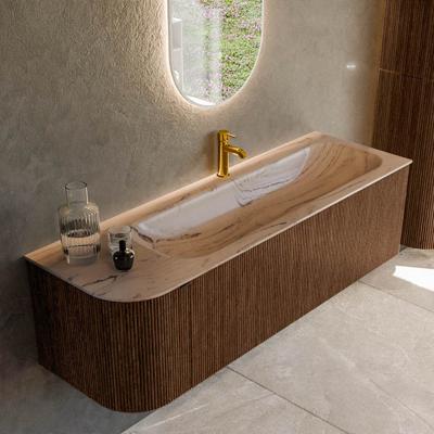 Badmeubel Mondiaz Kurve-Dlux | 145 cm | Meubelkleur Walnut | Wastafelkleur Arena | Solid surface | Wasbak rechter zijde spoelbak | 1 kraangat