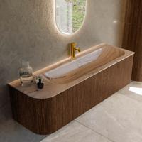 Badmeubel Mondiaz Kurve-Dlux | 145 cm | Meubelkleur Walnut | Wastafelkleur Arena | Solid surface | Wasbak rechter zijde spoelbak | 1 kraangat