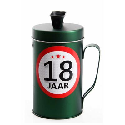 Spaarpot - 18 jaar geworden thema - verjaardag cadeau - Blik met sticker van 9 cm