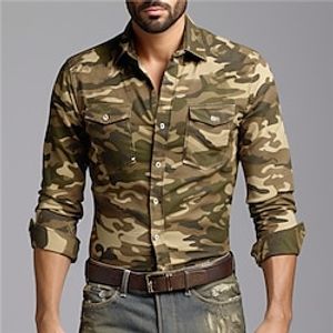 camouflage Casual Voor heren Overhemd Alledaagse kleding Uitgaan Weekend Herfst winter Strijkijzer Lange mouw Leger Groen, Donkergroen, Groen S, M, L 4-way stretchstof Overhemd Lightinthebox