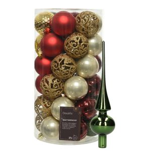 Kunststof kerstballen 37x st - rood/goud/parel/groen - 6 cm - met glazen piek groen