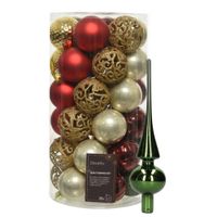 Kunststof kerstballen 37x st - rood/goud/parel/groen - 6 cm - met glazen piek groen