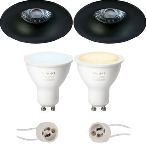 Pragmi Nora Pro - Inbouw Rond - Mat Zwart - Ø82mm - Philips Hue - LED Spot Set GU10 - White Ambiance - Bluetooth