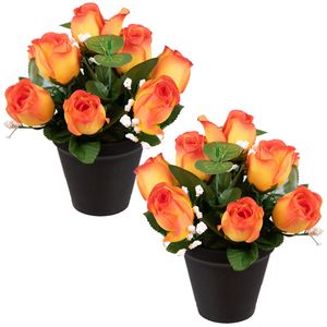 Kunstbloemen klein boeketje rozen in pot - 2x - oranje - H25 cm - Bloemstuk - Bladgroen