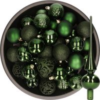 37x stuks kunststof kerstballen 6 cm incl. glazen piek glans donkergroen - Kerstbal - thumbnail