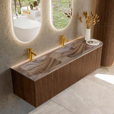 Badmeubel Mondiaz Kurve-Dlux | 155 cm | Meubelkleur Walnut | Wastafelkleur Sombra | Solid surface | Dubbel / Links spoelbak | 2 kraangaten