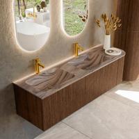 Badmeubel Mondiaz Kurve-Dlux | 155 cm | Meubelkleur Walnut | Wastafelkleur Sombra | Solid surface | Dubbel / Links spoelbak | 2 kraangaten