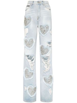 Philipp Plein jean ample Heart à taille haute - Bleu