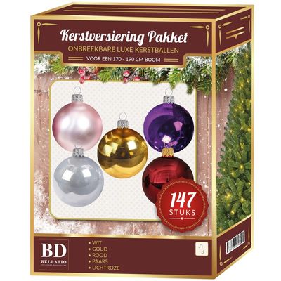 Kerstballen set kunststof 147-delig voor 180 cm boom gekleurd