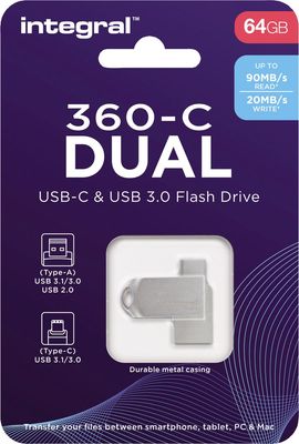 Integral 360-C Dual USB-C & USB 3.0 stick, 64 GB