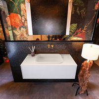 Badkamermeubelset Mondiaz Erin 100 cm met 1 Lade met RIDGE Wastafel Midden Linen Zonder Kraangaten Greeploos Mat Cale