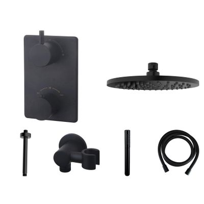 Regendouche set Wiesbaden Black | Inbouw | Thermostaatkraan | 2-weg | Rond | Zwart mat