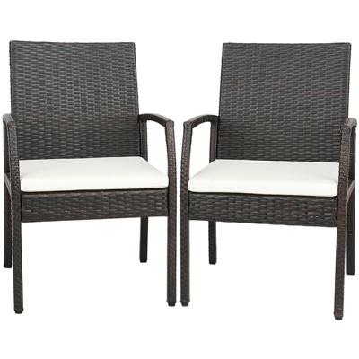 Set van 2 Rieten Terrasstoelen PE Rotan Buitenstoelen met Zacht Ritskussen Stevig Metalen Frame en Weerbestendig Riet Bruin