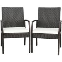 Set van 2 Rieten Terrasstoelen PE Rotan Buitenstoelen met Zacht Ritskussen Stevig Metalen Frame en Weerbestendig Riet Bruin