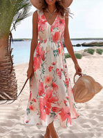 Women's Short Sleeve Summer Floral V neck Vacation Floral Midi Dress