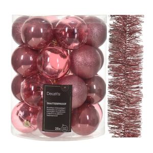 Kerstversiering set - oudroze - kerstballen 6 cm en kerstslinger - kunststof