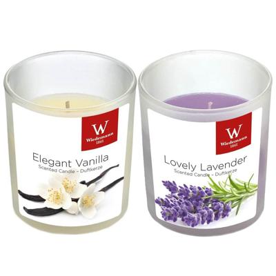 Trend candles Geurkaarsen set - van 4x stuks - in glazen houder - lavendel en vanille - 25 branduren