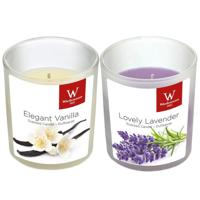 Trend candles Geurkaarsen set - van 4x stuks - in glazen houder - lavendel en vanille - 25 branduren