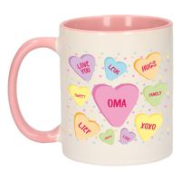 Cadeau koffiemok voor oma - hartjes snoepjes - roze - verjaardag kado - mok met tekst