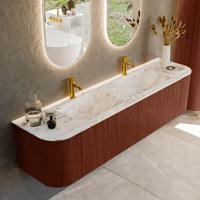 Badmeubel Mondiaz Kurve-Dlux | 180 cm cm | Meubelkleur Ruby | Wastafelkleur Glace | Solid surface | Wasbak beiden zijden spoelbak | 2 kraangaten
