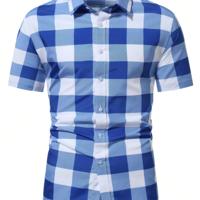 Bon&Bon Men's Gingham Plaid Short Sleeve Shirt - Urban Casual Style Blue and White / L