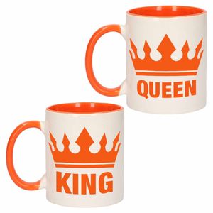Cadeauset van oranje King en Queen mokken/bekers 300 ML - feest mokken
