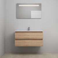 On-Line Badkamermeubelset - 100 cm - Voorgemonteerd - Acryl Wastafel - 1 Kraangat - Spiegel met LED-Verlichting - Eiken