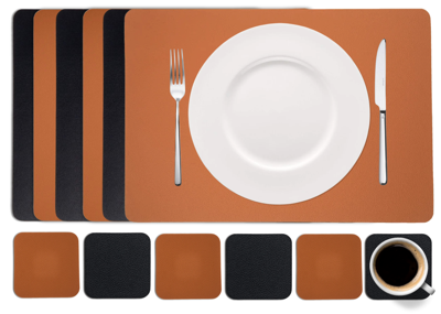 Cookinglife 6 Placemats + 6 Onderzetters - Dubbelzijdig - Vegan leer - Zwart / Cognac